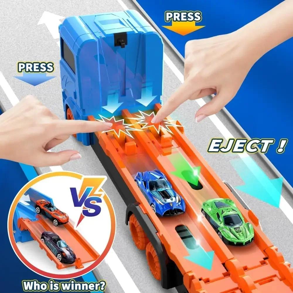 Transport Truck Toy 65-Inch Foldable Toddler Car Carrier for Boy Girl 9 in 1 Race Track and Die-Cast Truck Race Car Gift Vehicle