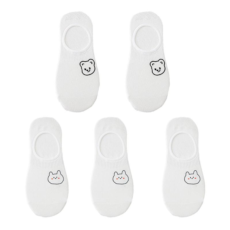 5 Pairs/lot White Cartoon Boat Socks for Women Cute Sketch Thin Summer Shallow Socks Silicone Non-Slip Invisible Crew Socks