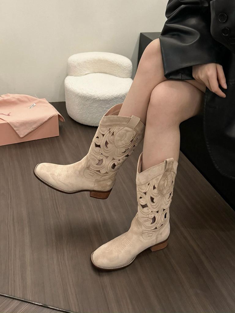 Fashion New Retro Women's Summer  Round Toe Chunky Heels Shoes Suede Western Boots Fashion with Hollow Design Cowboy Boots Shoes