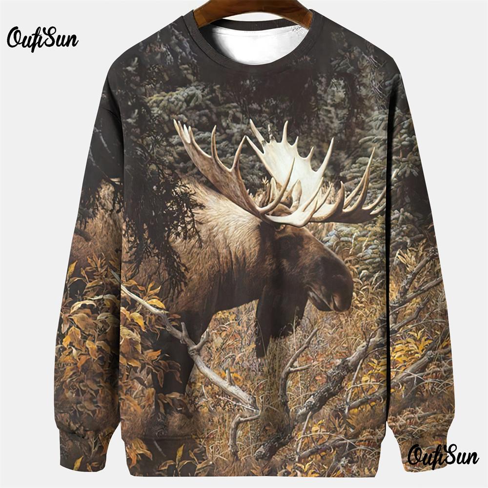 Felpe da caccia per uomo abbigliamento outdoor maglietta con stampa 3D alce top oversize a maniche lunghe girocollo pullover abbigliamento mimetico da uomo