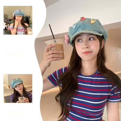 Women's Summer Thin Niche Design Japanese Sweet Bow Strawberry Star Anise Beret Face Small Cloud Painter Hat