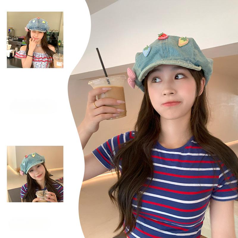 Women's Summer Thin Niche Design Japanese Sweet Bow Strawberry Star Anise Beret Face Small Cloud Painter Hat