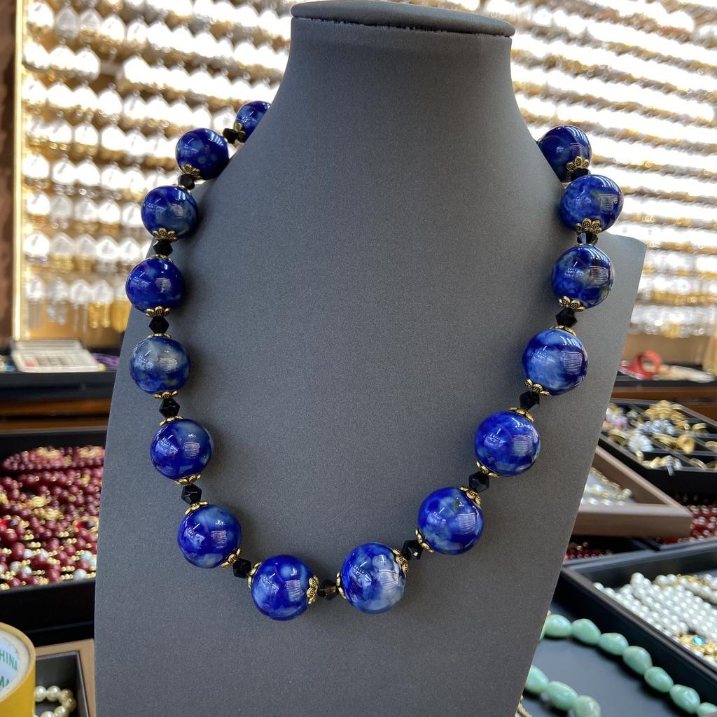 New Chinese Style 18M Blue And White Ceramic Bead Necklace, National Style, Natural Blue And Gold Glazed Beaded Gypsy Collarbone Chain