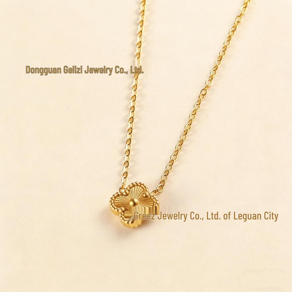 18K Engraved Stainless Steel Four-Leaf Clover Jewelry Set: Necklace, Bracelet, and Earrings