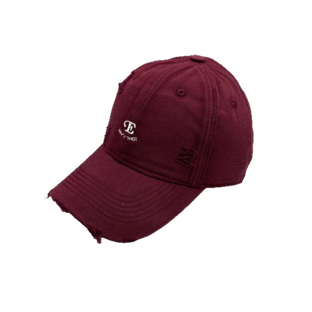 Old ripped burgundy baseball cap retro letter embroidery soft top cap trendy brand street versatile shade