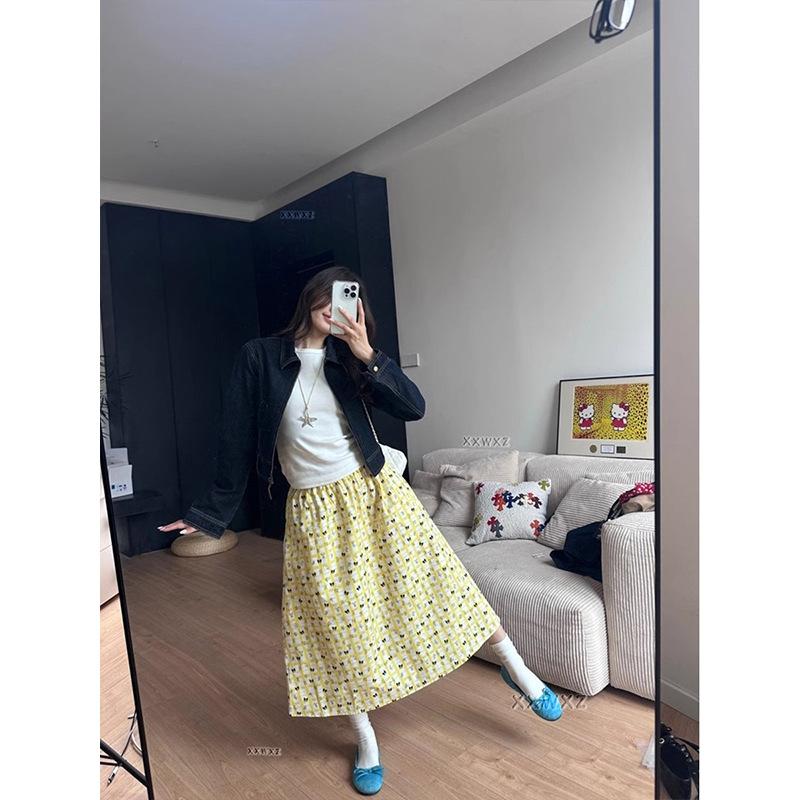 Korean wear floral cake skirt women's medium and long summer new high-waisted long skirt design sense a-word skirt