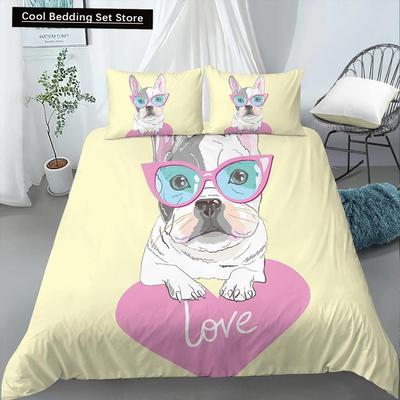 Cartoon Mops Königin König Doppel Ganz Bettbezug Liebliches Welpen Bettwäsche-Set Haustier Tier Steppdeckenbezug Gelb Polyester Bettdeckenbezug