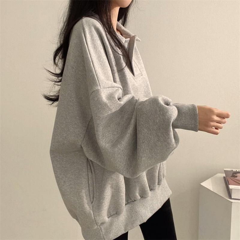 Women Polo Collar Loose Long Sleeve Casual Solid Sweatshirt Top Outerwear