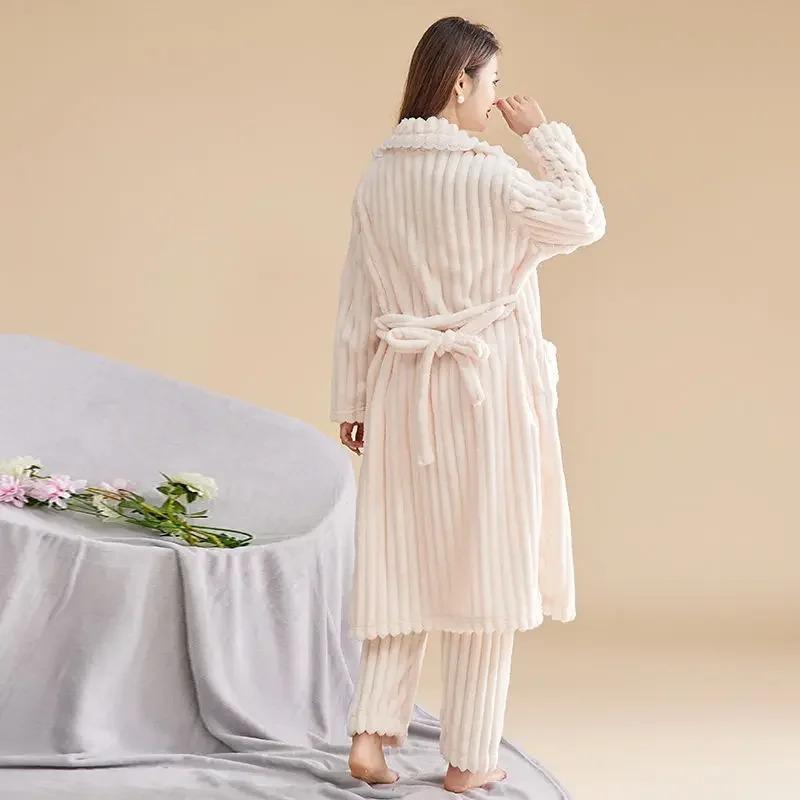 Coral Fleece Thickening for Warmth Can Worn Outside Loungewear Set Fine Fleece Autumn Winter Ms. Night Gown Bathrobe Long Sleeve