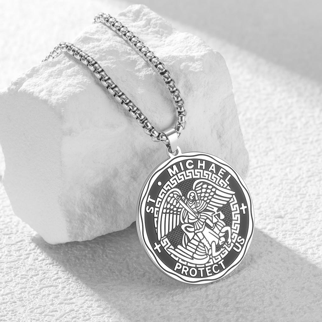 St. Michael Protect Us Pendant Necklace for Men Women Stainless Steel Archangel Medallion Religious Christian Amulet Jewelry