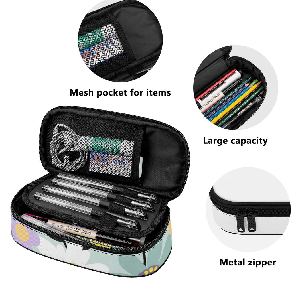 Pencil Bag Roomy Interior Printed Zipper Closure 300D Polyester with Mesh Pocket Removable Divider and Pen Slots for Classroom Use