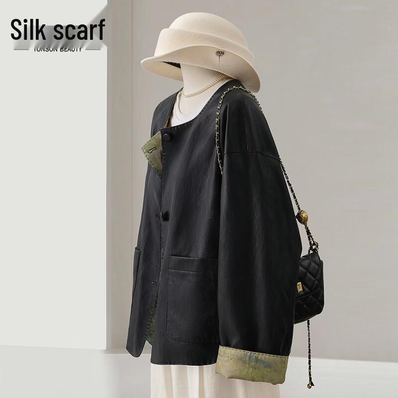 Women s Elegant Faux Leather Round Neck Jacket L