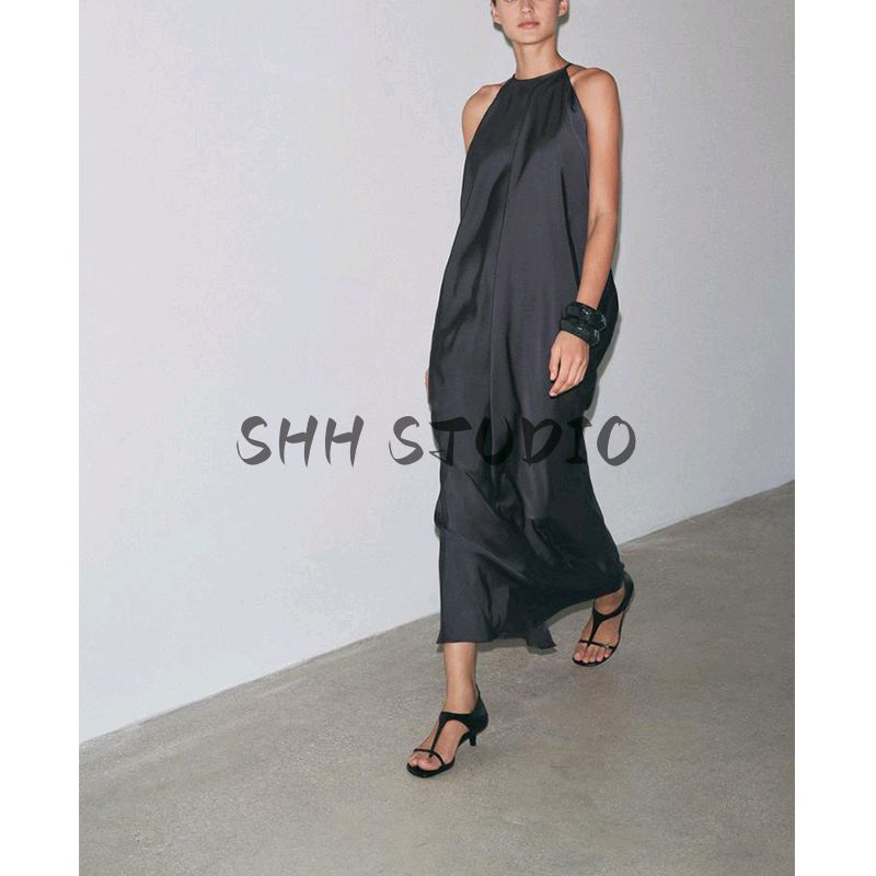Summer Women's Pleated Decorative Viscose Blended Hanging Collar Silk Satin Texture Sleeveless Dress 3068965