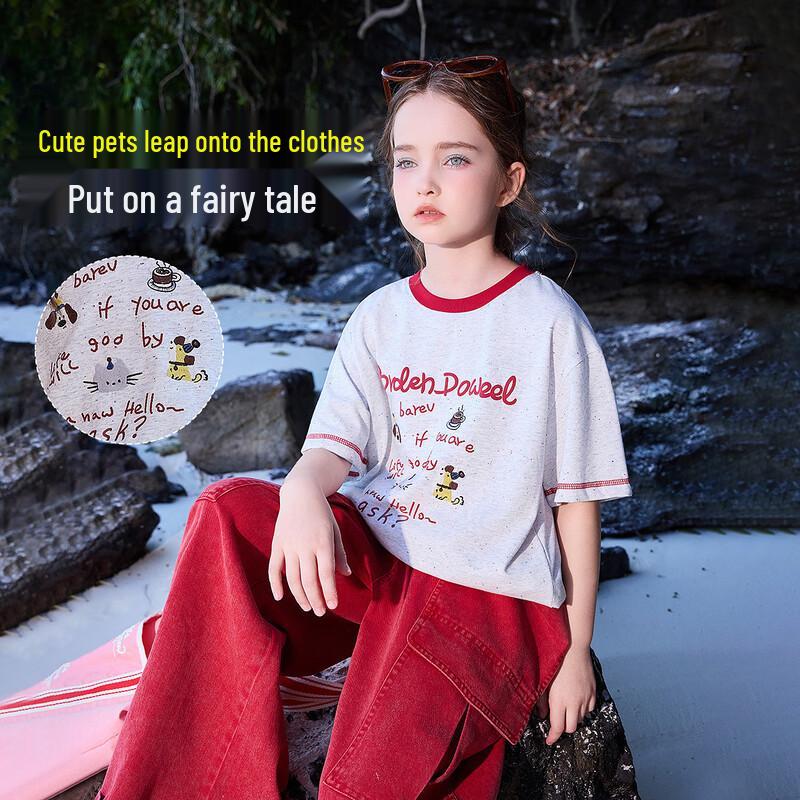 ASK JUNIOR Girls' Color-block Cartoon Short Sleeve T-shirt