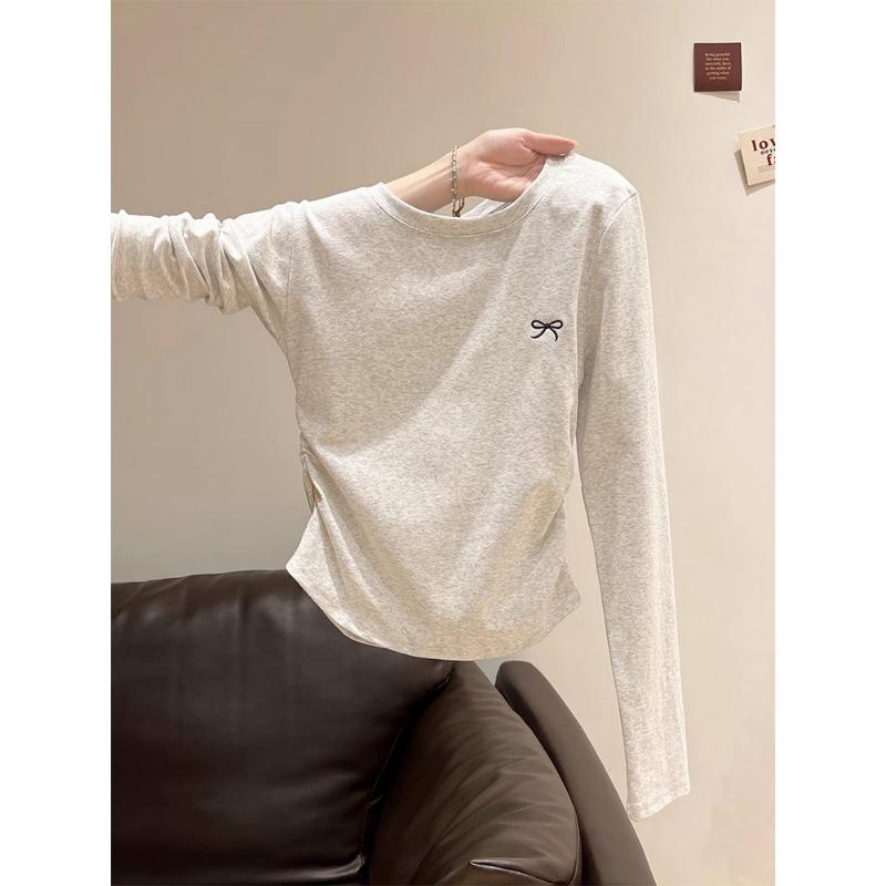 Autumn Winter Solid Irregular Folds Waist All-match Bottomed Tee Women Long Sleeve Casual Pullover T-shirt Top