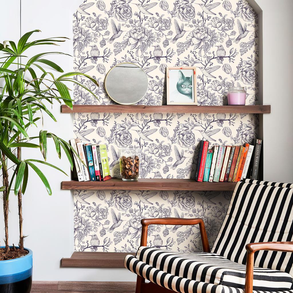 Floral And Birds Vinyl Line Wallpaper Chic Peel And Stick Blue Flower Wall Stickers Classic Self Adhesive Wall Contact Paper