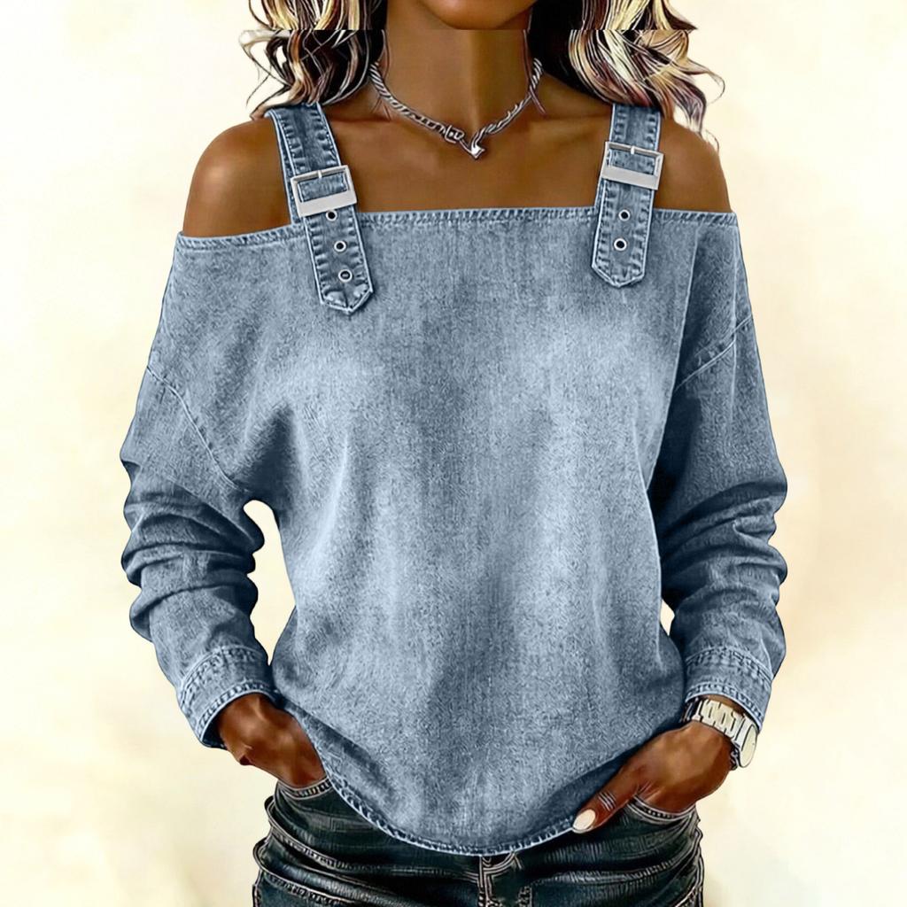 Women's Elegant And Versatile Off-the-shoulder Long-sleeved Top With Shoulder Straps.
