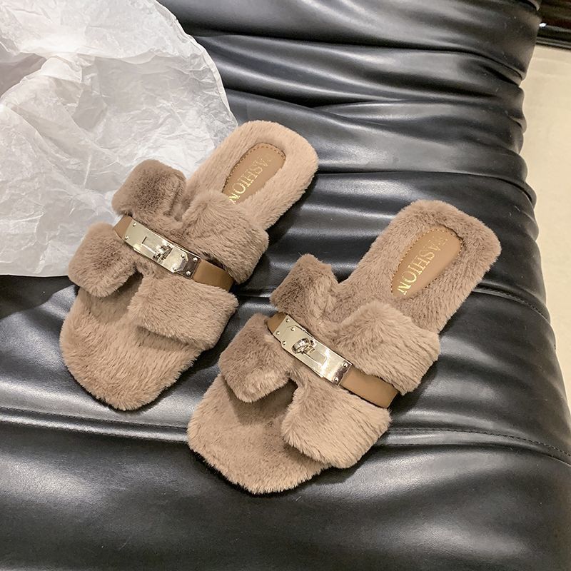 Versatile Flat Bottom Hairy Slippers Women's Premium Hairy Outer Light Luxury Versatile