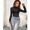 Black Mesh Sprited Print Sexy See-through Skinny Bodysuit Long Sleeve Lady High Neck Pullover Body Top Fashion Party Club