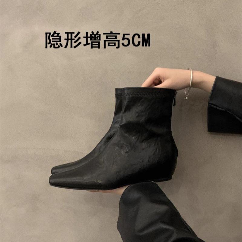 

Blue cabinet heightening retro Martin boots women s shoes 2025 new square head thin French small short boots spring and autumn single boots 40 чёрный