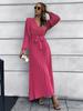 Women V Neck Long Sleeve Pleated A Line Solid Color Lace Up High Waist All Match Dresses S-XXL