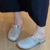 Fashion Summer Breathable Woven Mesh Flat Sandals Women Fashion Round Toe Belt Buckle Slide Sandals Comfortable Non-slip Beach Sandals
