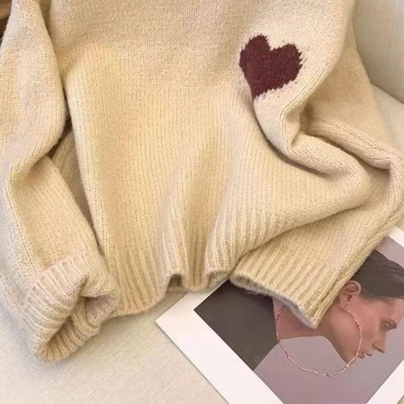 Lazy Style Retro Heart Embroidery Sweater for Women Spring Autumn Autumn Winter Gentle Style Loose Long Sleeve Knitwear
