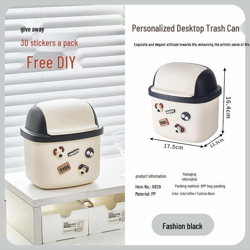 Large Capacity Flip-Top Desktop Trash Bin - Cute Dustproof Office & Coffee Table Storage Can 16.4*13.5*17.5 cm