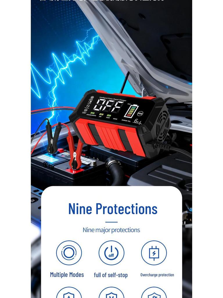 12V 6A Car & Motorcycle Lead-Acid Battery Charger & Repair Device