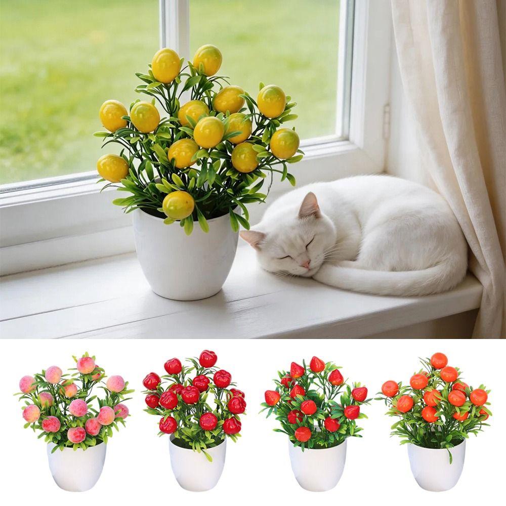 Multicolor Artificial Fruits Bonsai White Flowerpot Orange Peach Strawberry Fruit Tree Potted Pomegranate Lemon Photo Props