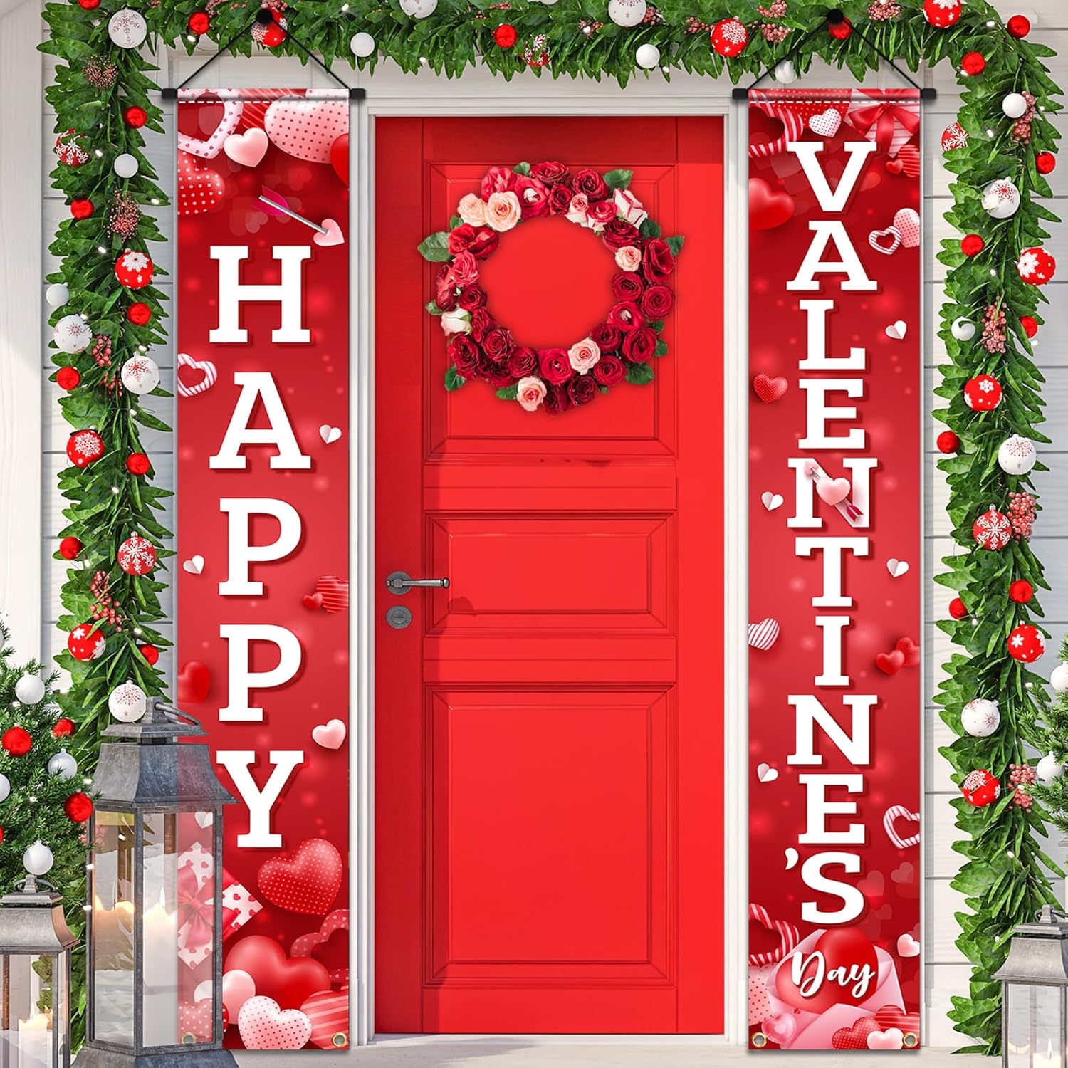 Happy Valentines Day Banner,Red and White Valentine Banners Front Porch Sign Banner for Happy Valentines Day Party Decoration