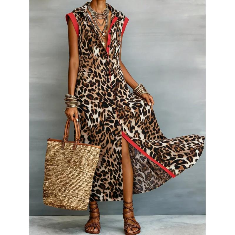 Summer Women Leopard Graphic Print Dress Fashion Elegant Casual Lapel Button Sleeveless Tank Long Dresses Ladies Slim Maxi Dress