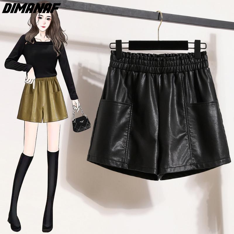 DIMANAF 2023 Plus Größe Herbst Winter Shorts Frauen Neue Schwarz PU Leder Casual Lose Breite Bein Hosen Kurze Hosen