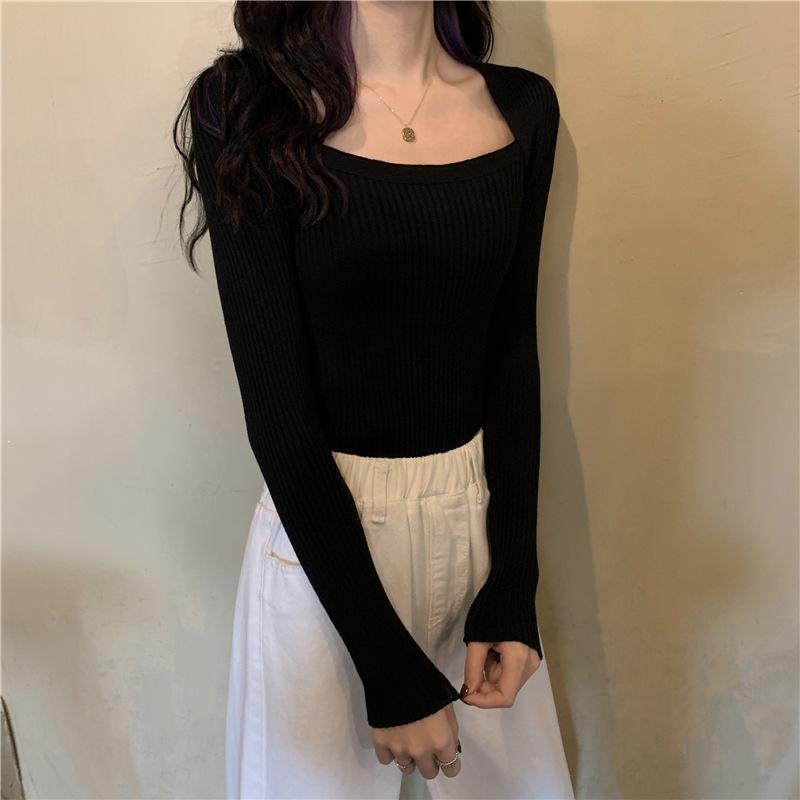Women Sweater Pullover Long Sleeve Top Square Collar Casual Fashion Women Jumper Sexy Knitwear Sweater Tops