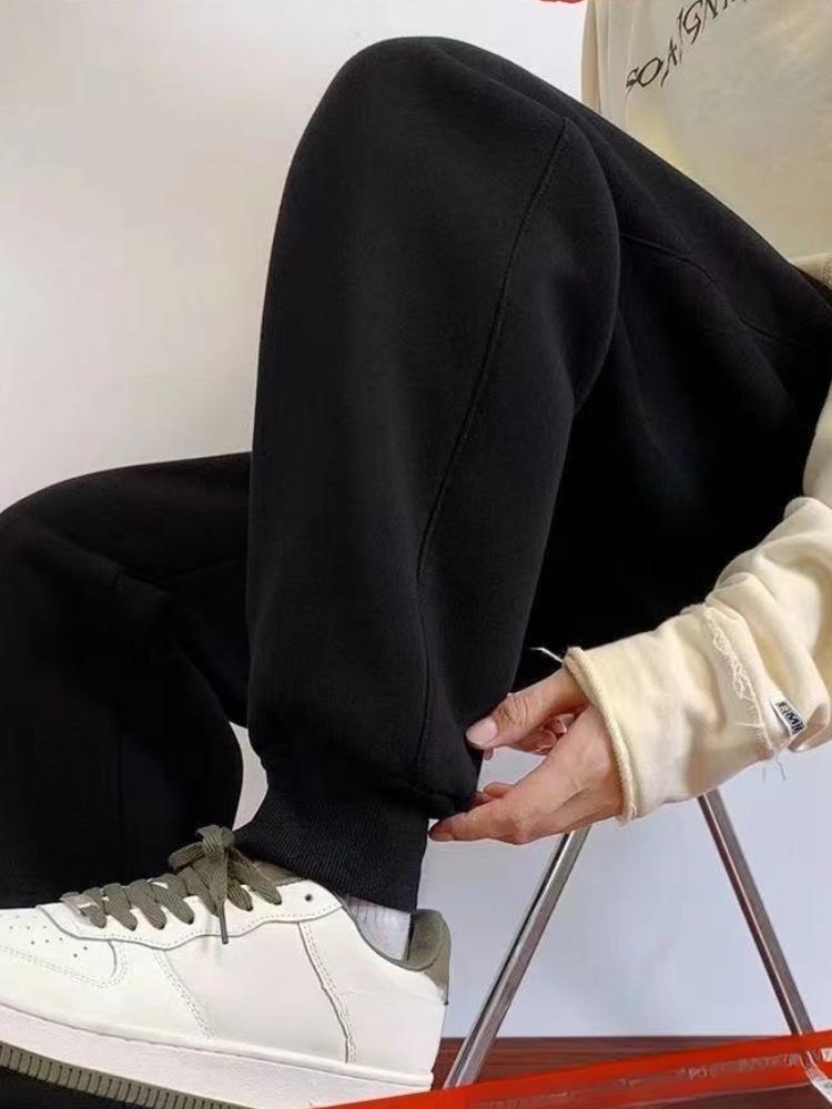 High Street Casual Fleece Lined Thick Sweatpants Women Autumn Winter Elegant Loose Straight Trousers Korean Fashion Designer Soild Sports Pants