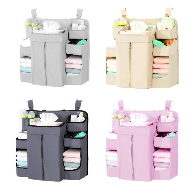 Baby Crib Hanging Organizers 6 Compartments Large Zippered Pocket Durable Fabric Nursery Storage Solution