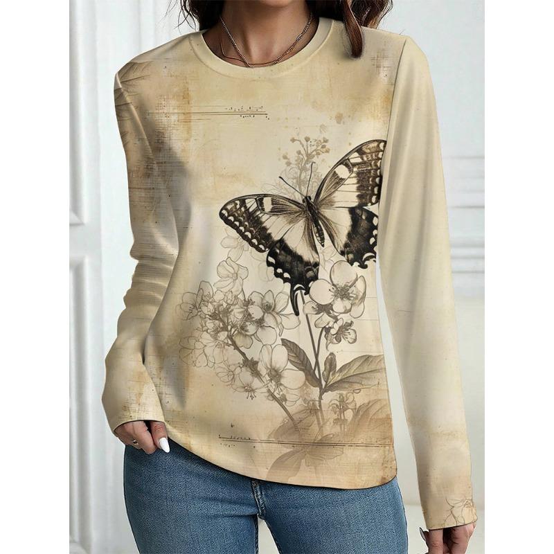 New Autumn Women's Long-Sleeved T-Shirt Casual T-Shirt Top T-Shirt Vintage Floral Pattern OverSize Women's Clothing