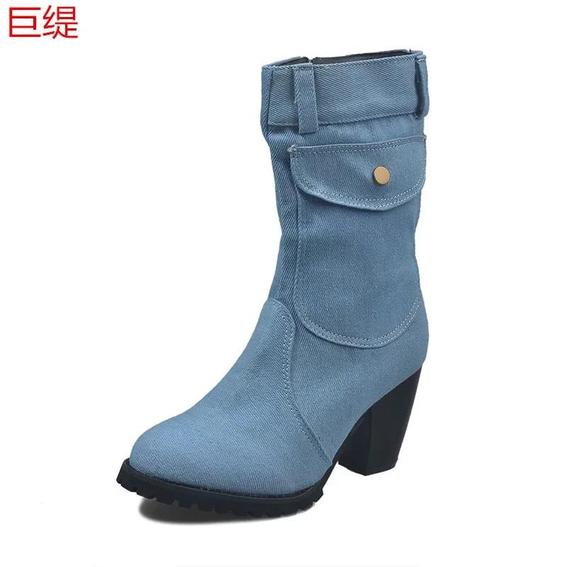 Blue Jeans Boots Women's Mid-rise Rome Solid Slip-On Chunky Med Heels Boots Wild Vintage Ladies Shoes Large Size 35-43