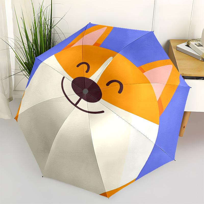1PC Corgi, Smiley Automatic Windproof Umbrella 8 Rib Portable Folding Black Iron Frame for Outdoor, Beach, Travel, Beach Umbrella,S41