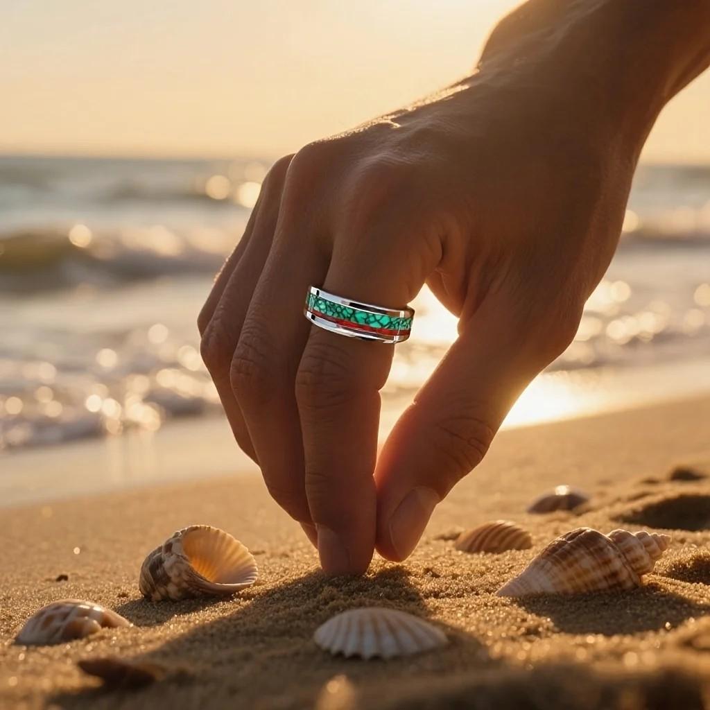 Fashion 8mm Men Stainless Steel Ring with Koa Wood and Peacock Stones Inlay Rings for Men Women Wedding Jewelry Drop Shipping