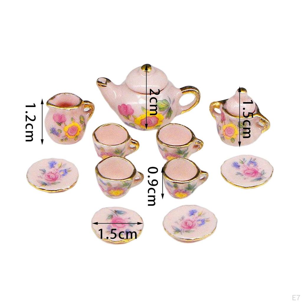 11 Pieces Mini Dollhouse Tea Set Ornament Kitchen Decorated Playset Ceramic Party Accessories