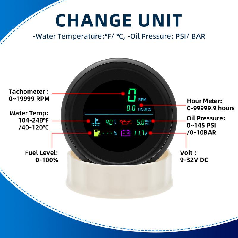 85mm 6 In 1 Multi-Function Tachometer Fuel Gauge Water Temp Oil Pressure Voltmeter LCD Display For Marine Boat Car 12V24V