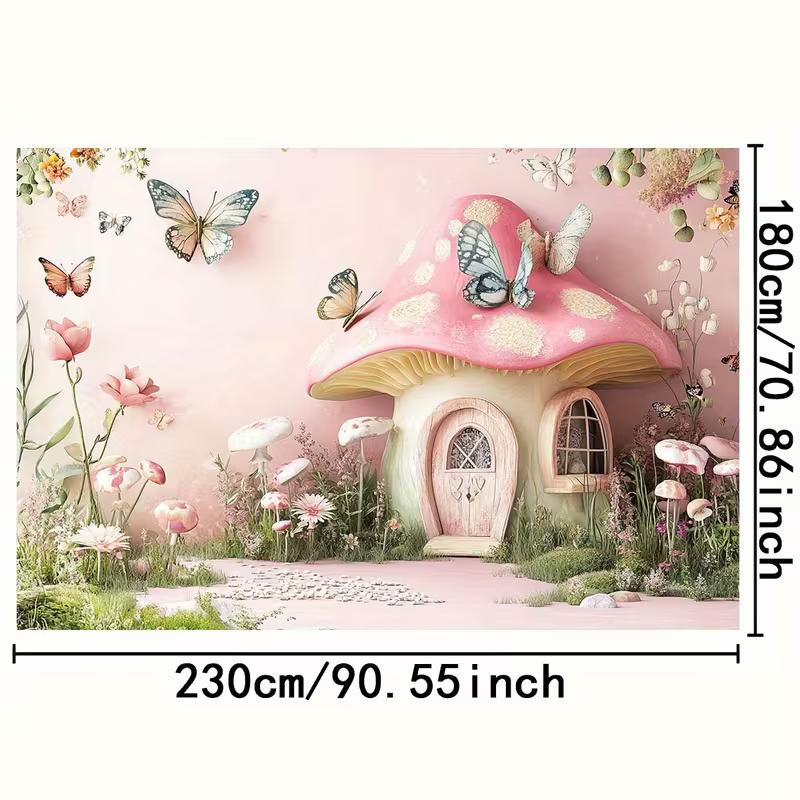 2D Magical Pink Mushroom Cottage Background for Kids Photoshoot & Events