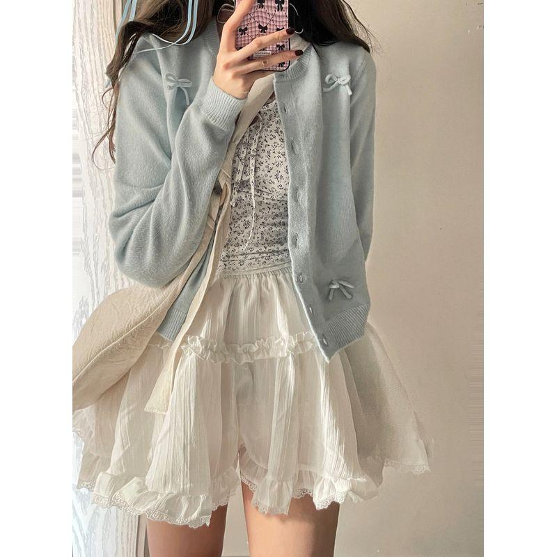 

2025 Новое поступление Банты Молочный Фуфу Синий Весенне-осенний Свитер Верхняя одежда Женский Ранняя весна и осень Вязаный Короткий Кардиган Топы Blue S [Suggested 35.00 kg-45.00 kg]]