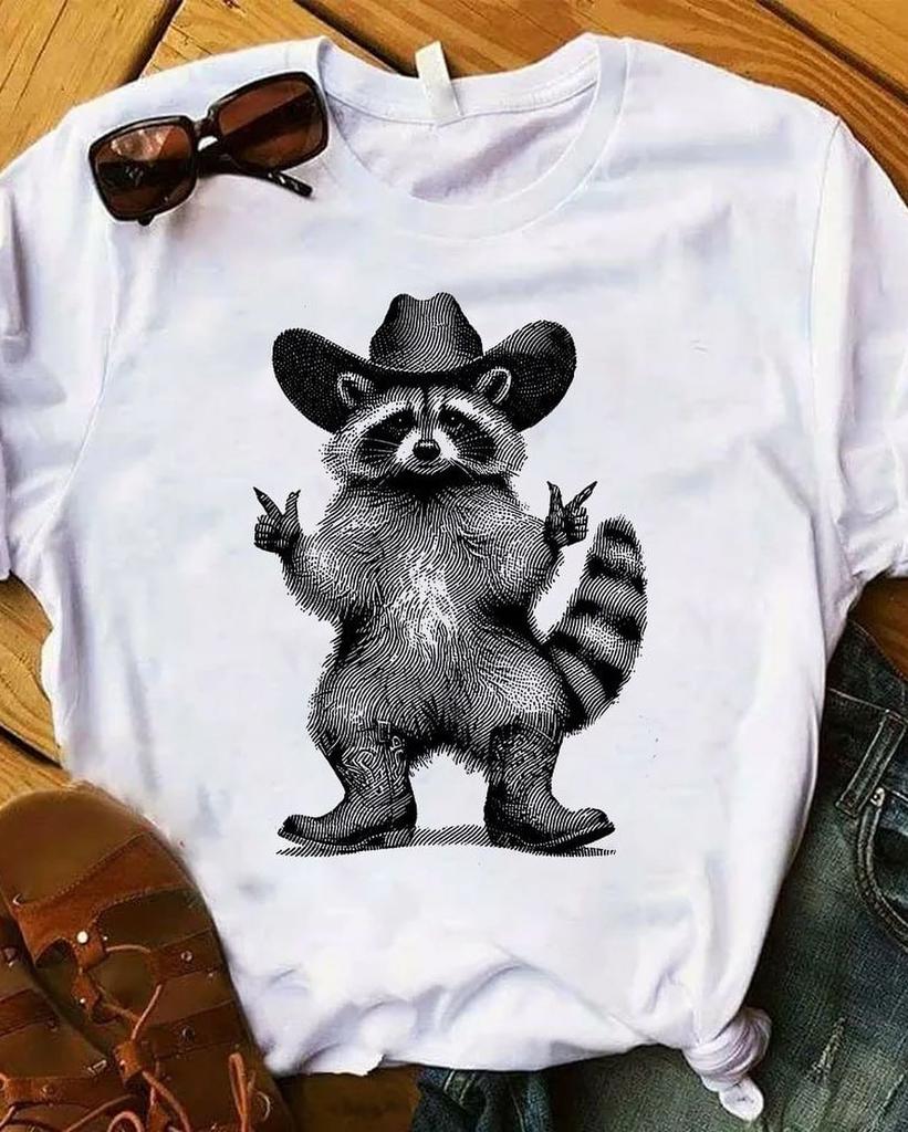 Waschbär Spaß T-Shirt Amerikanisch Retro Trendig Materialfusion Niedliches Haustier Multi-Stil Herren- und Damen- Lustiges und Humorvolles T-Shirt