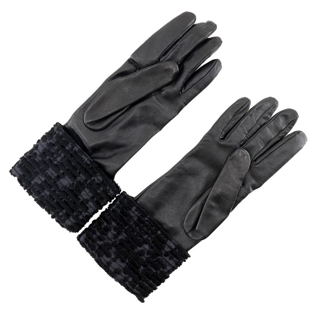 HERMES Glove gloves black lambskin/Satin Women Used