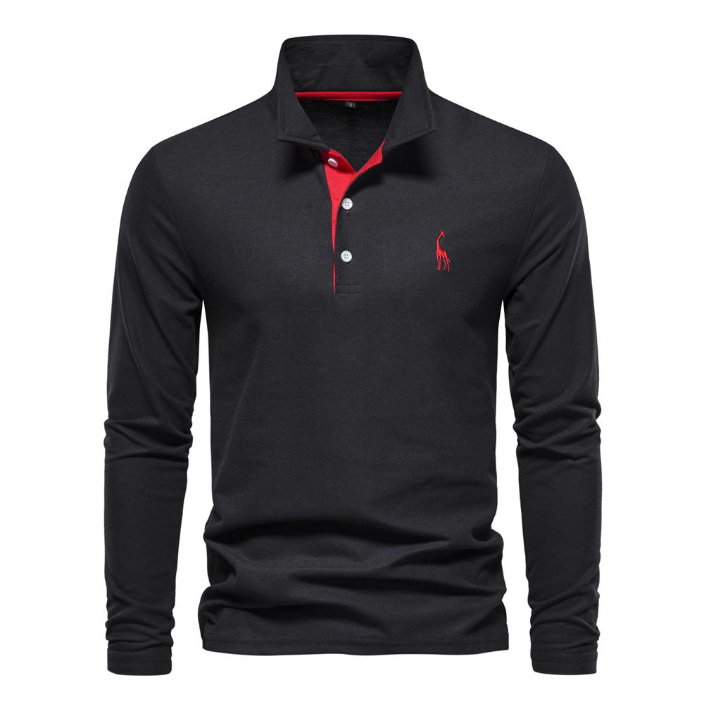 Trend Hub New Men's Deer Embroidery Polo Shirts Solid Color Long Sleeve Social Business Male
