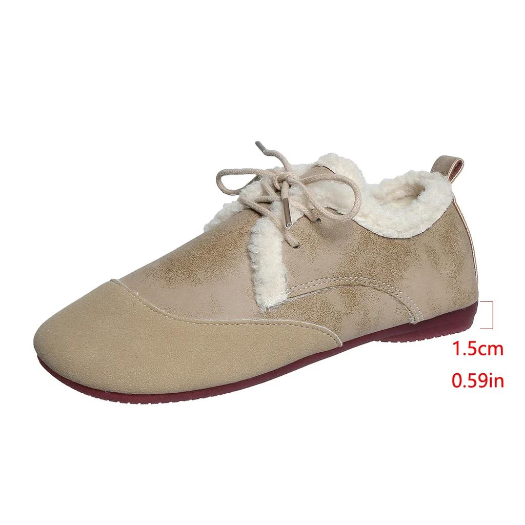 Fashion Winter Lace Up Women's Flats 2025 Casual Warm Moccasin Shoes Women Cow Suede Patchwork Round Toe Short Plush Ladies Flat Shoes