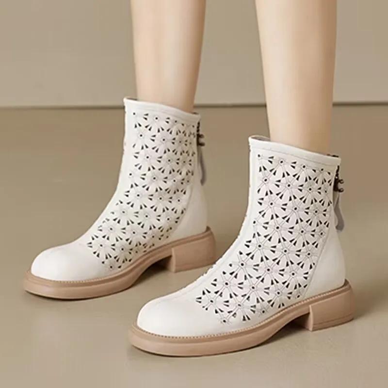 Cizme scurte de vară pentru femei, ușoare, cu goluri, sculptate, versatile, sandale, subțiri, cu fermoar în spate, cizme elegante scurte