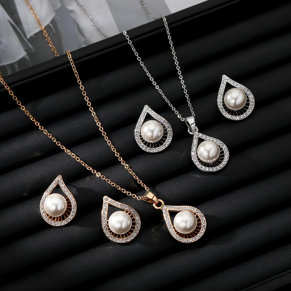 Wedding accessories set: necklace and earrings, water drop-shaped with rhinestones and imitation pearls